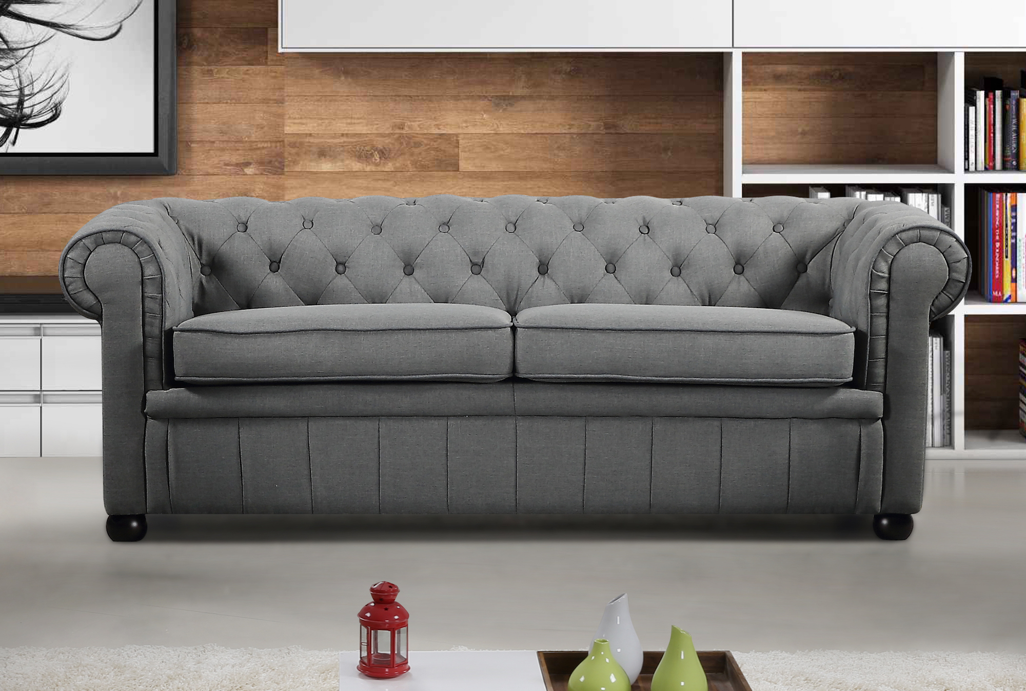 grey leather chesterfield style sofa